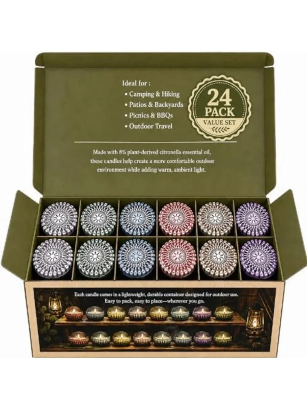 24 Pack Citronella Candles - Soy Wax Tins for Outdoor, Patio, BBQ & Camping